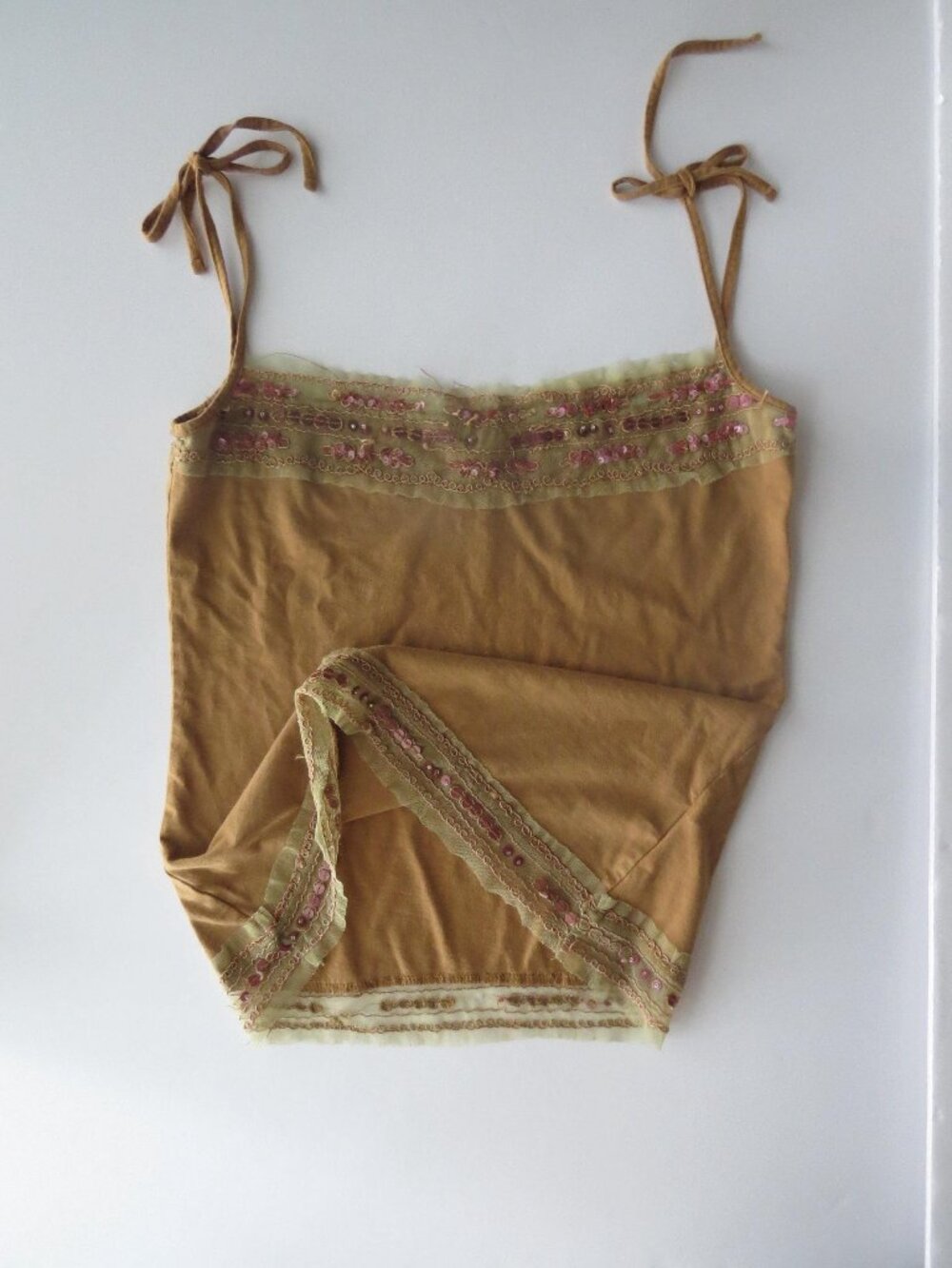Vintage Italian Gold Sequin Cami, Bronze Tie Strap Tank Top, Sequin Embroidered